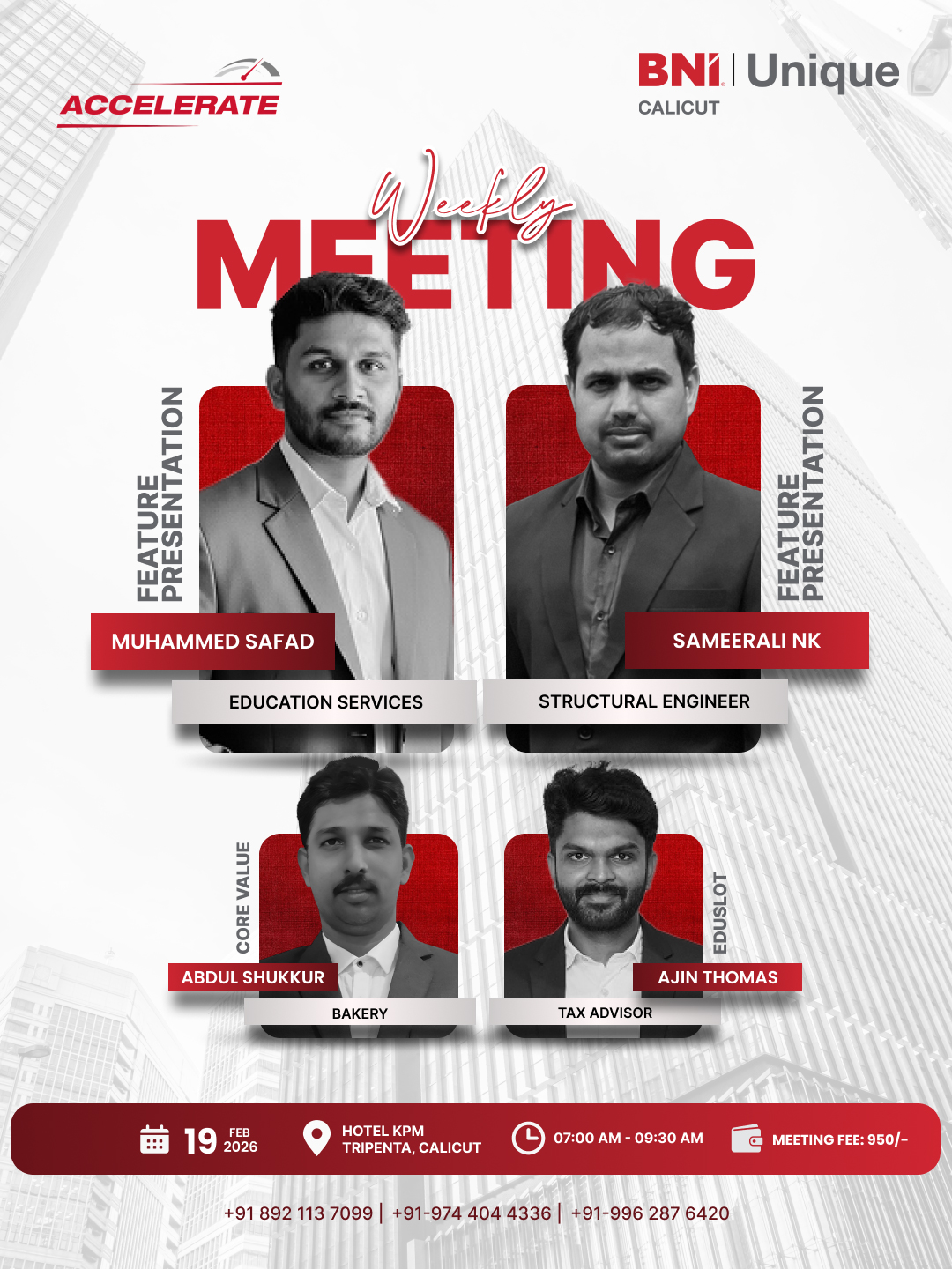 Accelerate BNI Unique Calicut Weekly Meeting Poster