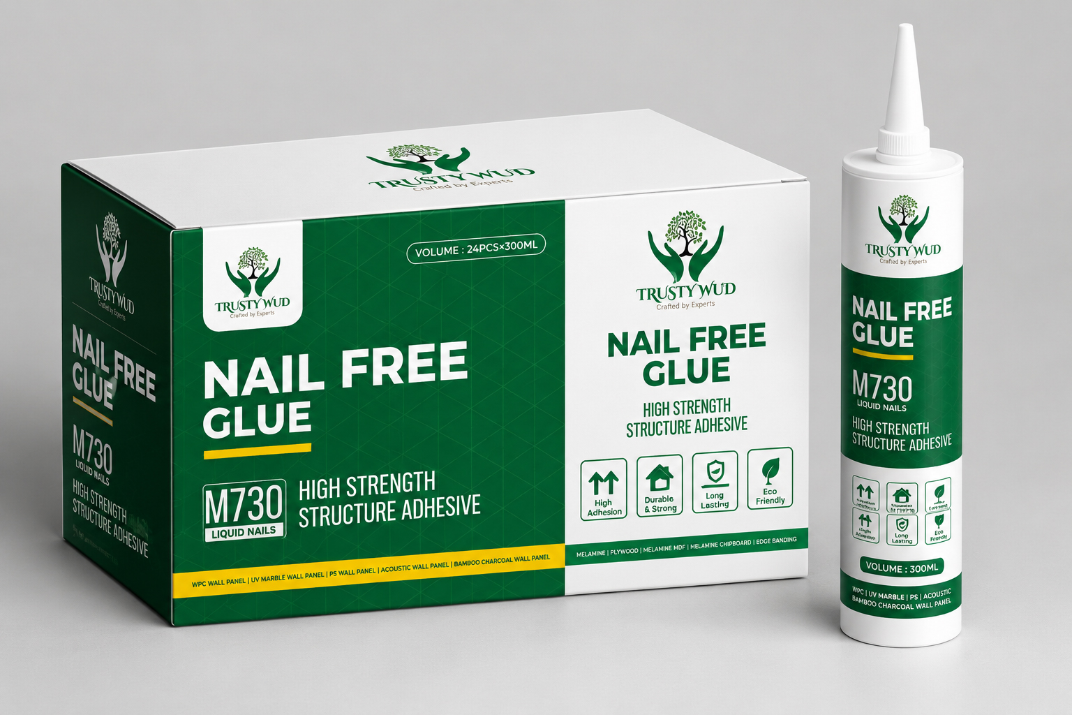 Trusty Wud M730 Liquid Nails Packaging Design